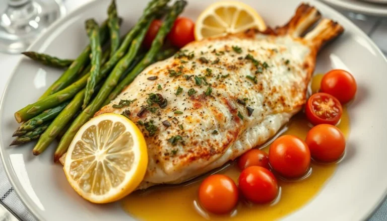 A plate of baked haddock recipes featuring tender fish garnished with lemon slices, asparagus, and cherry tomatoes in a light sauce.