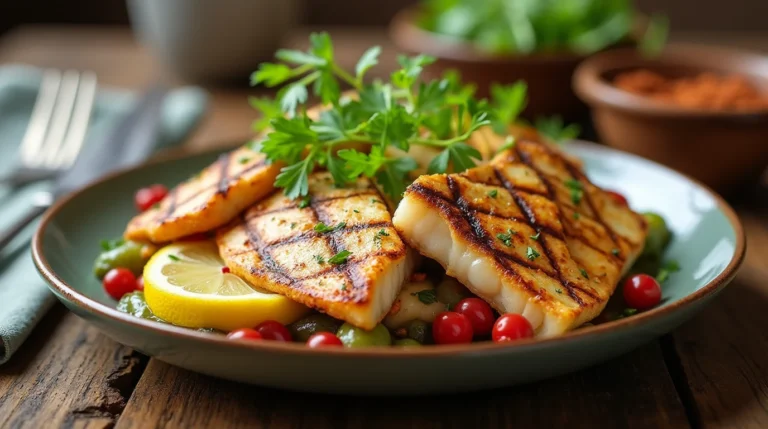 Grilled haddock fillets served on a plate with fresh parsley, lemon slices, and a medley of vegetables.