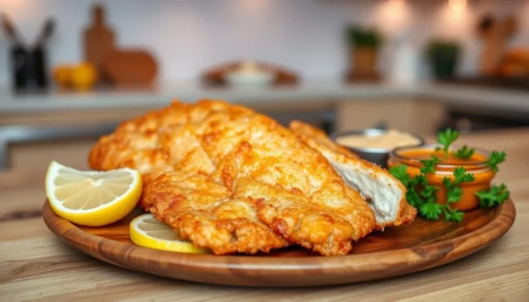 Golden fried catfish fillets served on a wooden plate with lemon wedges, parsley garnish, and dipping sauces in the background.